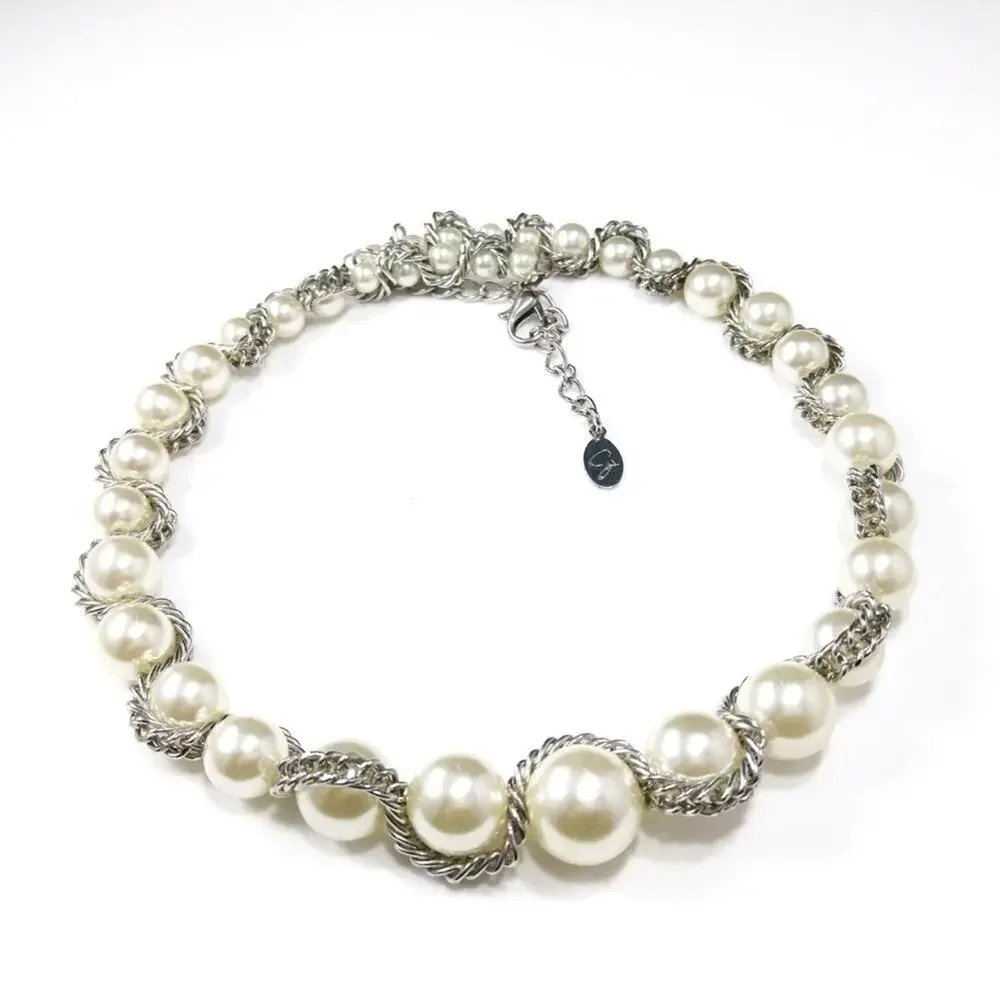 Faux Pearl Silver Chain Memory Wire Choker Necklace, 21 Inches, CG Hangtag